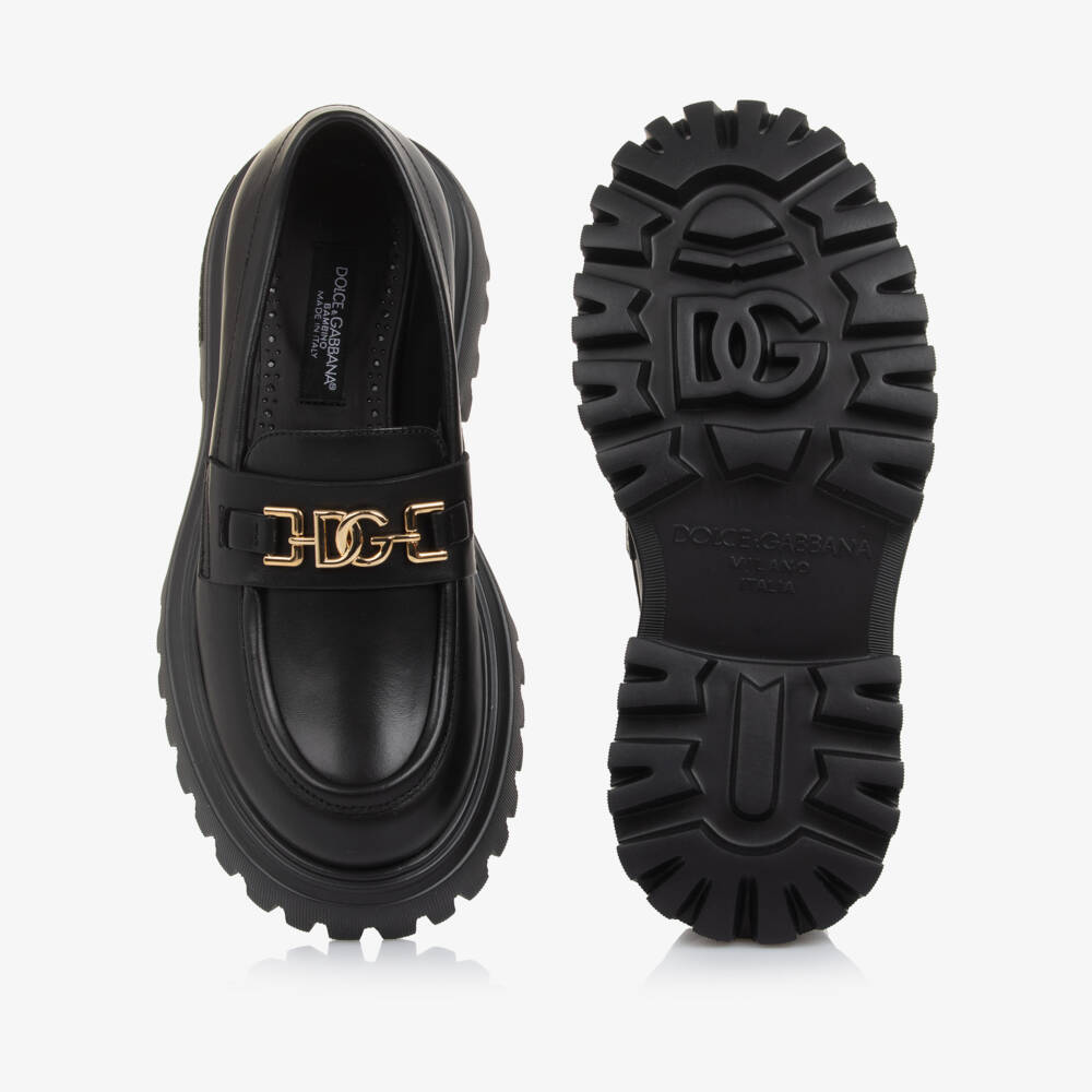 Dolce & Gabbana-Girls Black Leather DG Loafers | Childrensalon Outlet