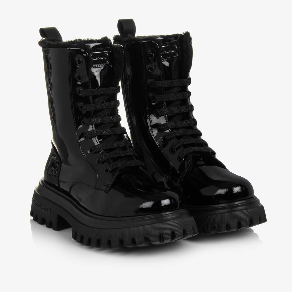 Dolce & Gabbana - Girls Black Patent Leather Lace-Up Boots | Childrensalon
