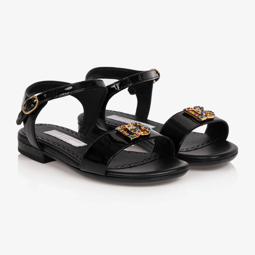 Dolce & Gabbana - Girls Black Patent Leather Logo Sandals | Childrensalon