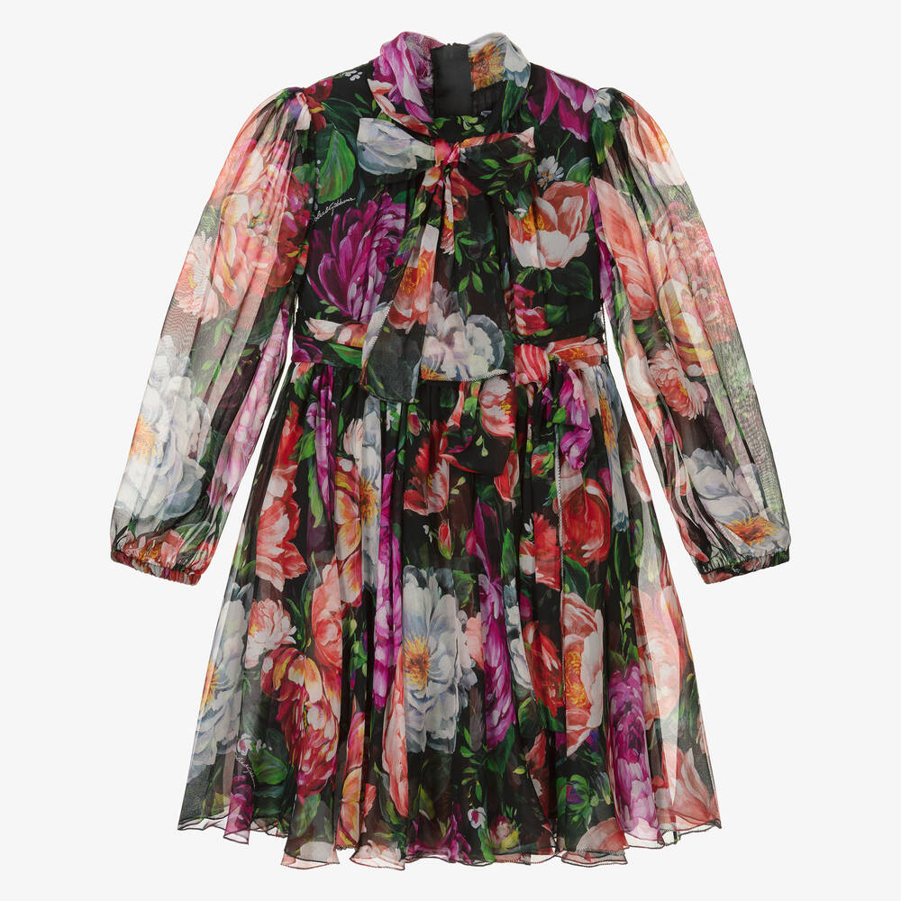 Dolce & Gabbana - Robe noire et rose soie fille  | Childrensalon