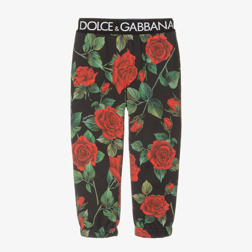 Dolce & Gabbana - Girls Black & Red Cotton Rose Joggers | Childrensalon