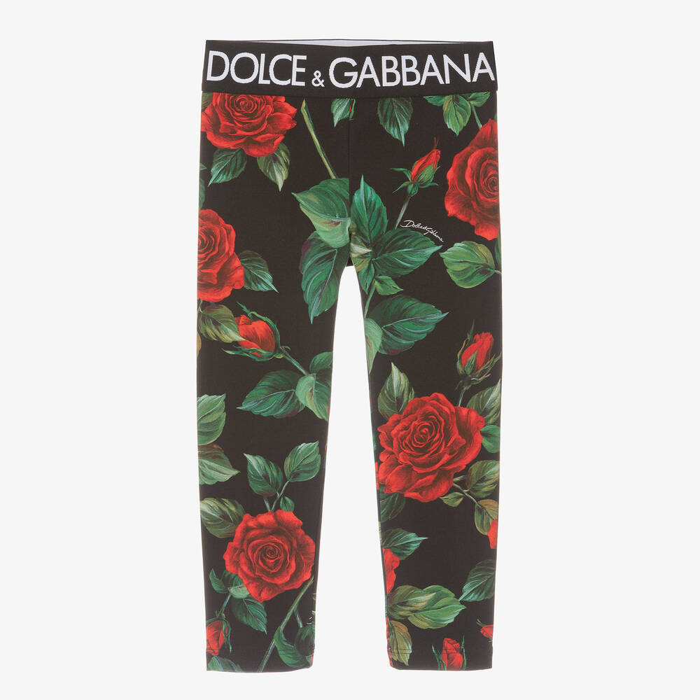 Dolce & Gabbana - Baumwoll-Rosen-Leggings Schwarz/Rot | Childrensalon