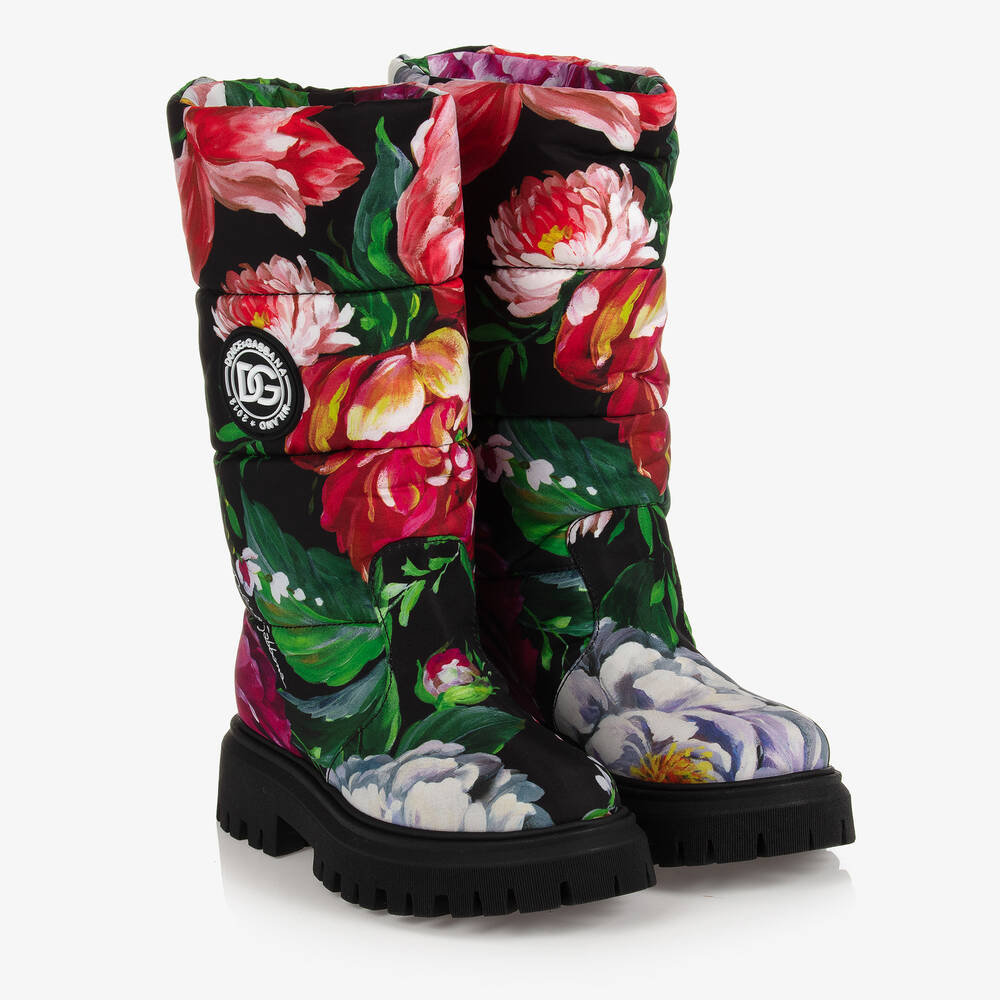 Dolce & Gabbana - Geblümte Stiefel in Schwarz und Rot (M) | Childrensalon