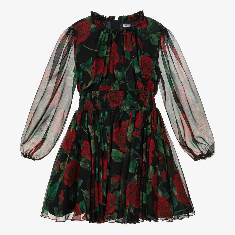 Dolce & Gabbana - Chiffonkleid für Mädchen mit Rosenmotiv in Schwarz und Rot | Childrensalon
