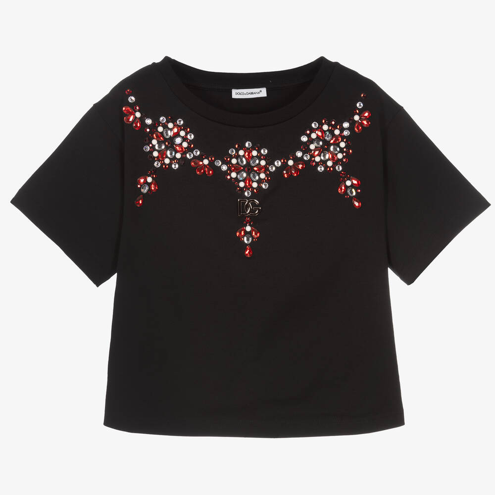 Dolce & Gabbana - Girls Black Rhinestone T-Shirt | Childrensalon