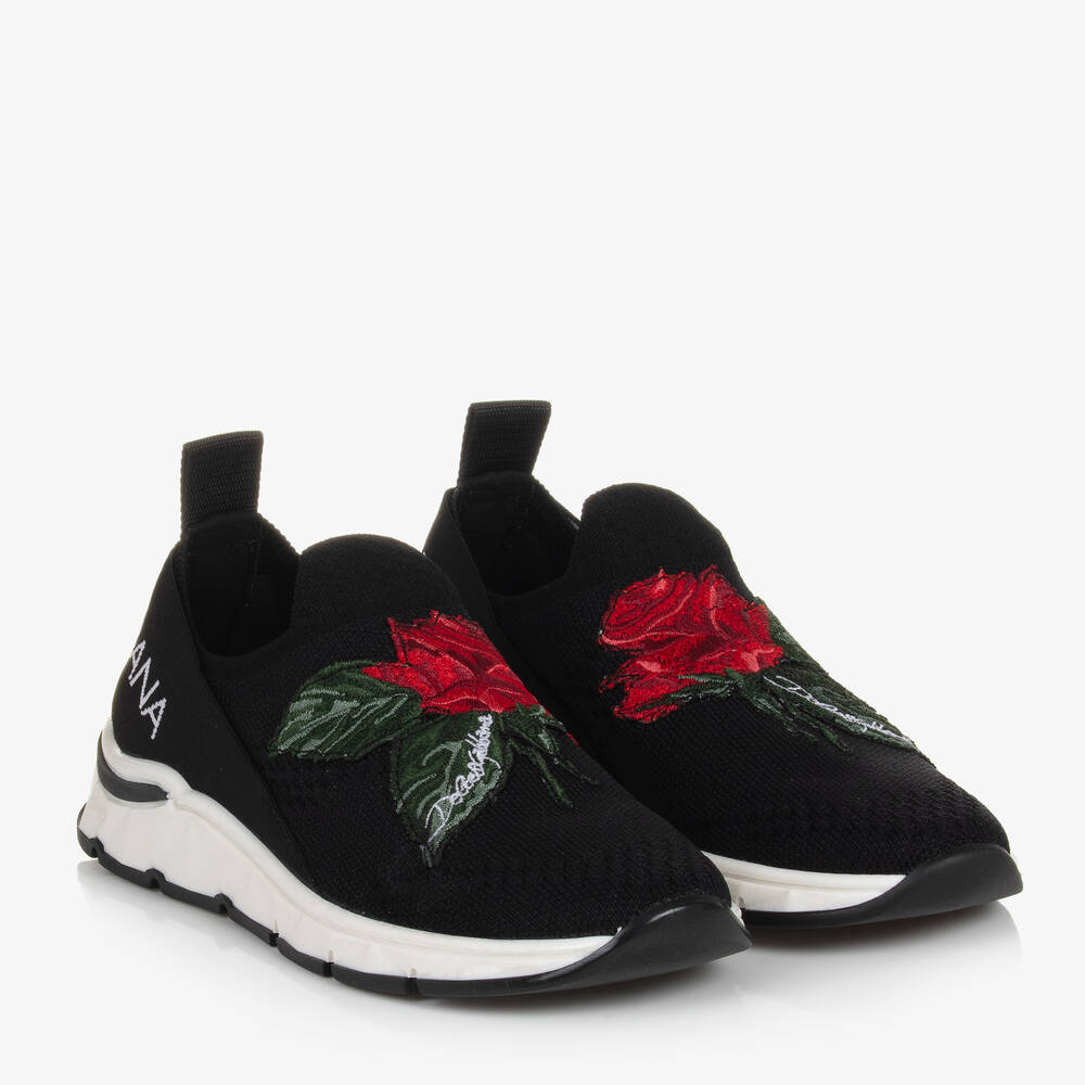 Dolce & Gabbana - Girls Black Rose Slip-On Trainers | Childrensalon