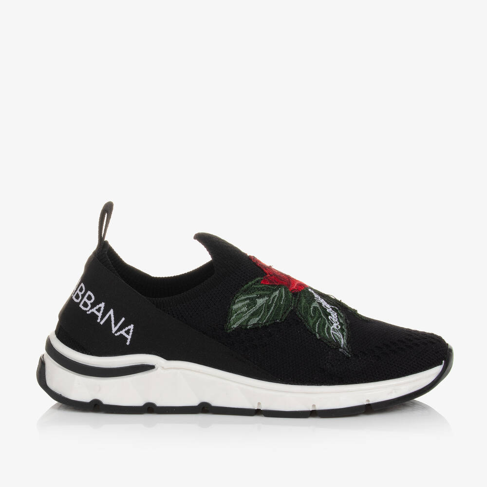 Girls Black Rose Slip On Trainers
