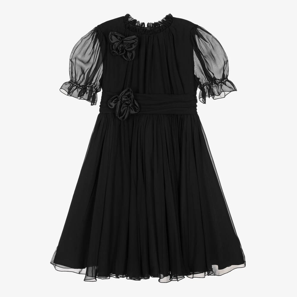 Dolce & Gabbana - Girls Black Silk Chiffon Flower Dress | Childrensalon