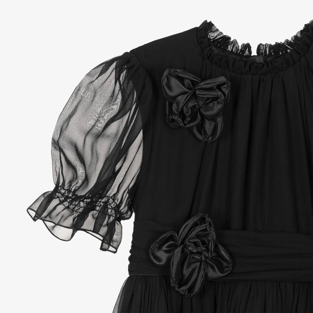 Dolce & Gabbana-Girls Black Silk Chiffon Flower Dress | Childrensalon Outlet