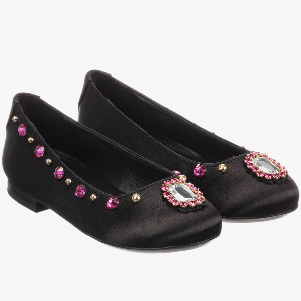Dolce & Gabbana - حذاء حرير ساتان لون أسود مزين بكريستال | Childrensalon
