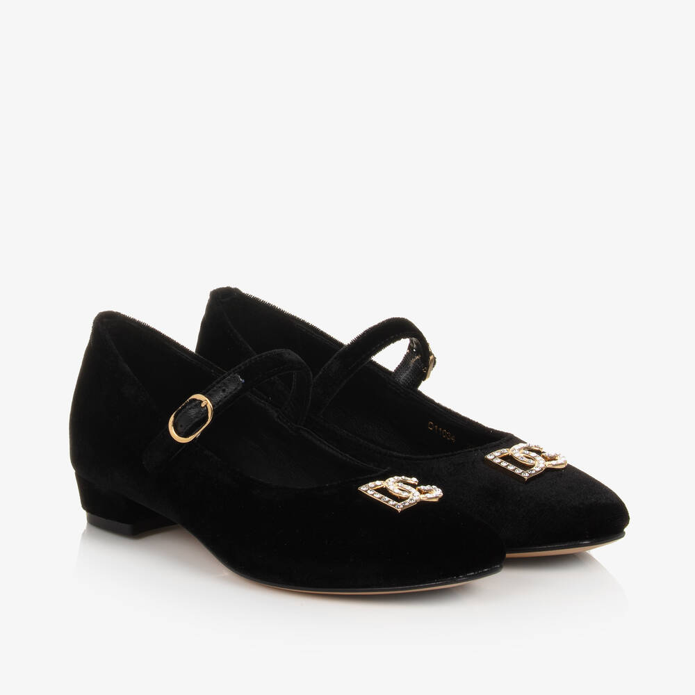 Dolce & Gabbana - Girls Black Velvet DG Bar Shoes | Childrensalon