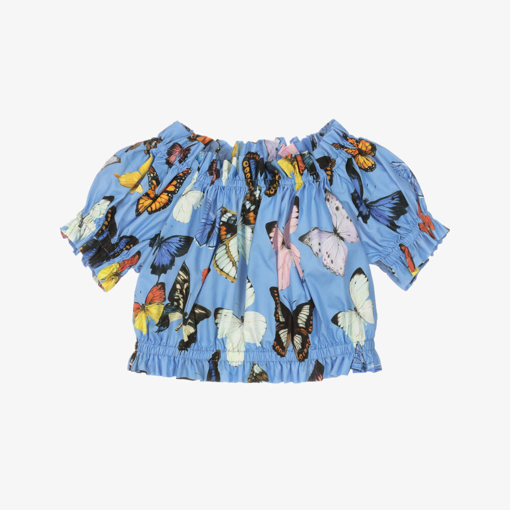 Dolce & Gabbana-بلوزة قطنية زرقاء للبنات مزينة بالفراشات | Childrensalon Outlet