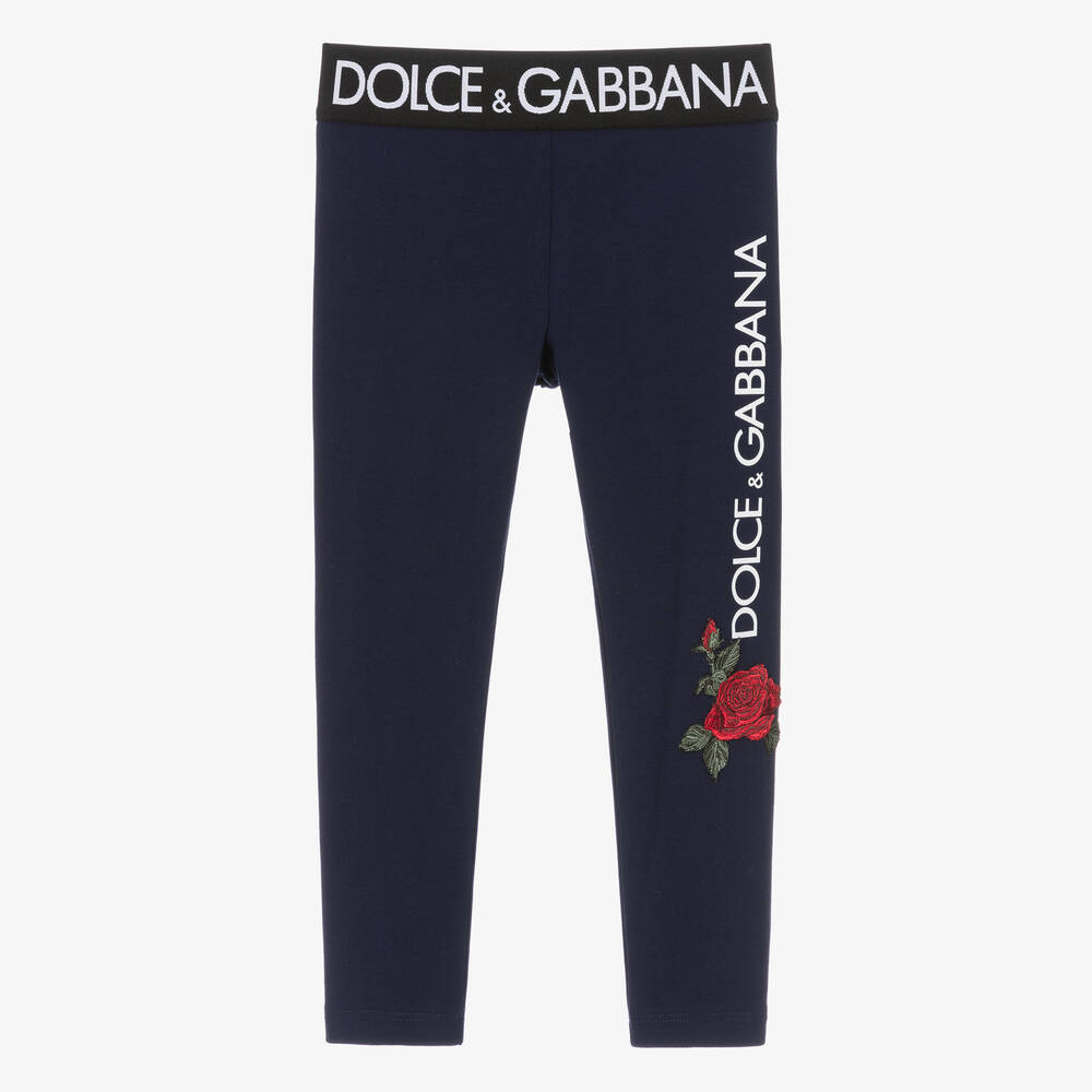Dolce & Gabbana - Girls Blue Cotton Rose Leggings | Childrensalon