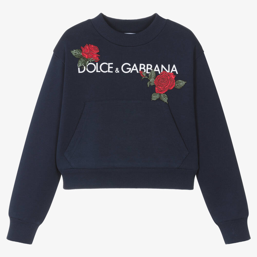 Dolce & Gabbana - Girls Blue Cotton Rose Sweatshirt | Childrensalon