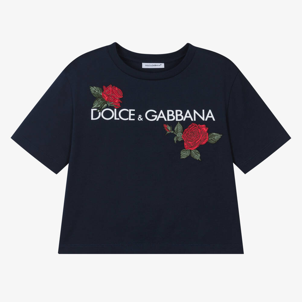 Dolce & Gabbana - Синяя хлопковая футболка с розами | Childrensalon