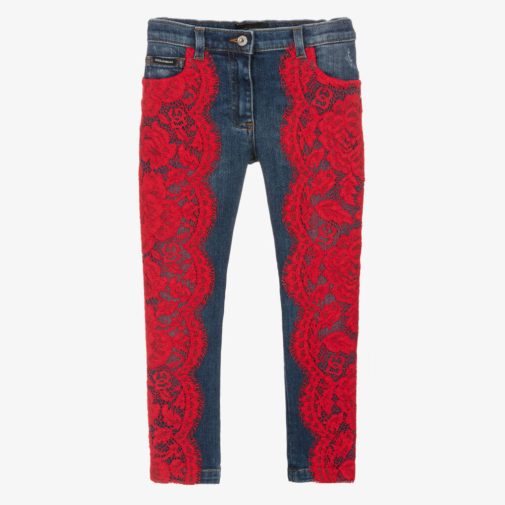 Dolce & Gabbana - Girls Blue Denim Red Lace Jeans | Childrensalon