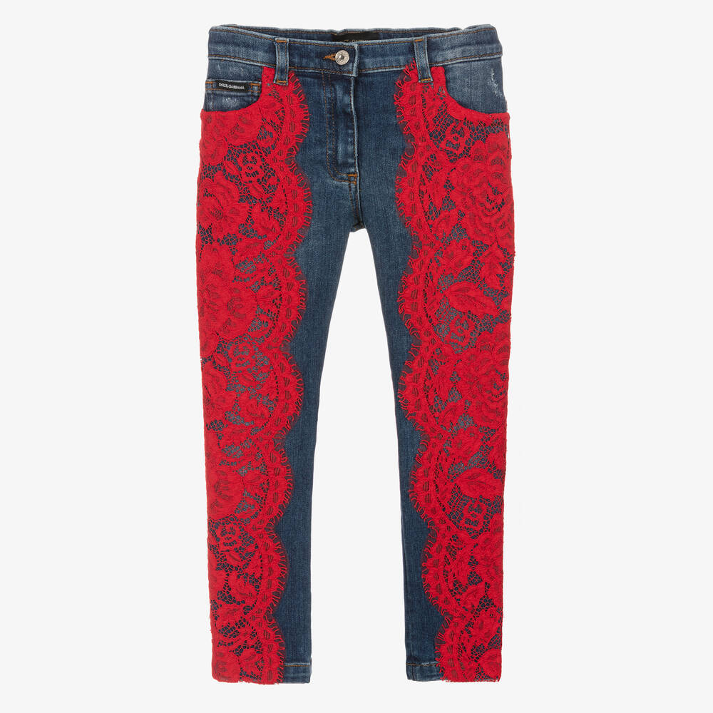 Dolce & Gabbana-Girls Blue Denim Red Lace Jeans | Childrensalon Outlet