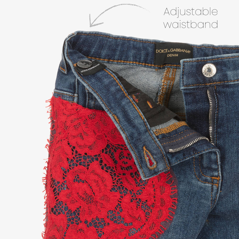 Dolce Gabbana Girls Blue Denim Red Lace Jeans Childrensalon