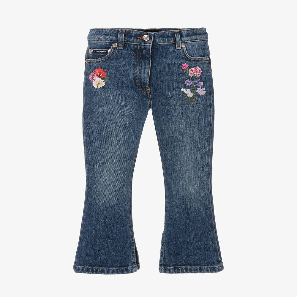 Dolce & Gabbana - Синие джинсы-клеш с цветами для девочек | Childrensalon