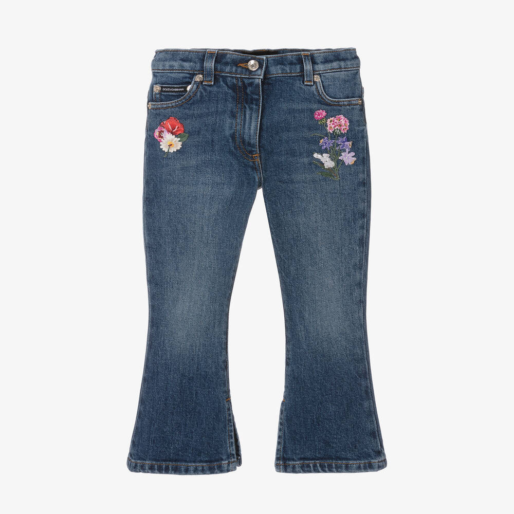 Dolce & Gabbana - Girls Blue Flared Floral Denim Jeans | Childrensalon