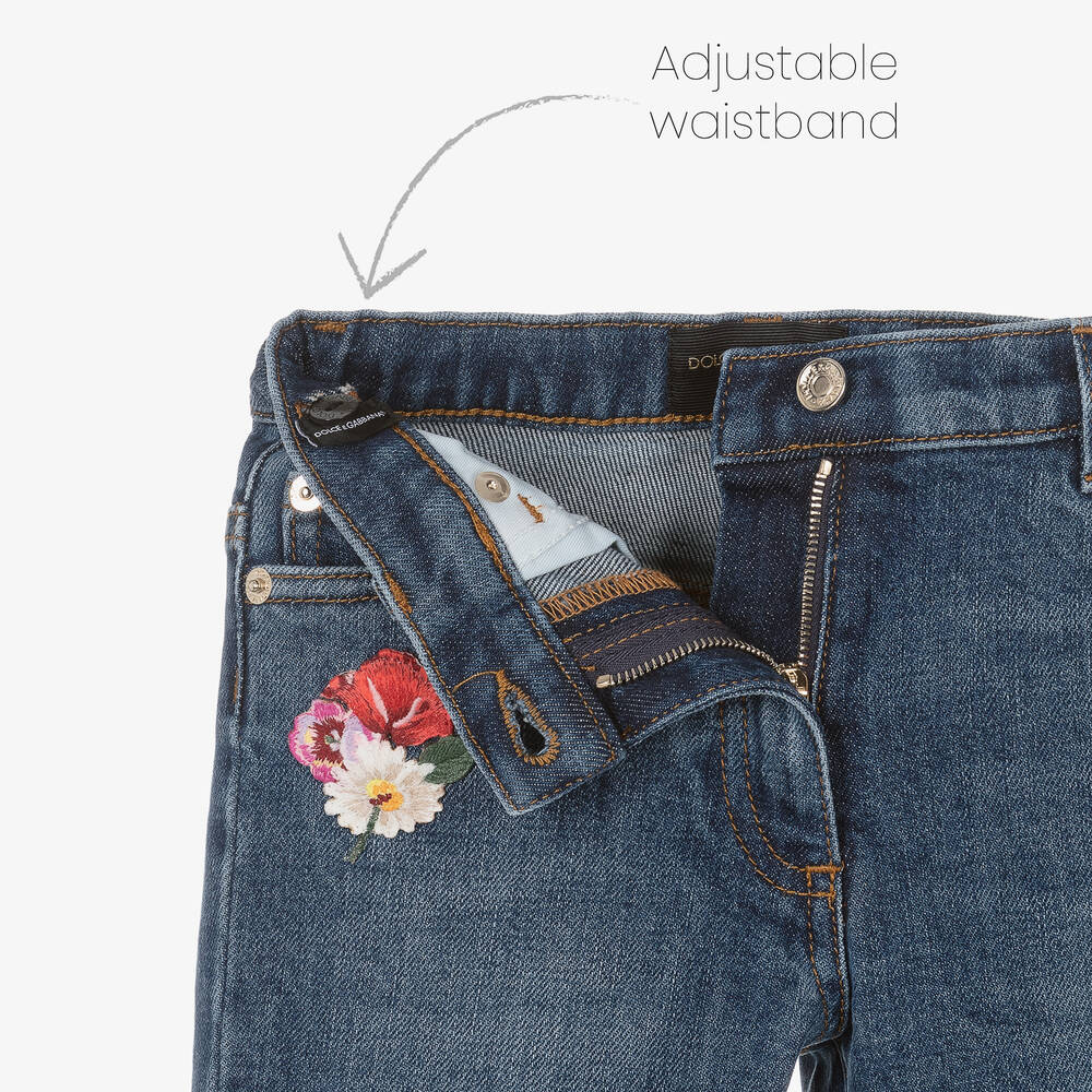 Dolce & Gabbana-Girls Blue Flared Floral Denim Jeans | Childrensalon Outlet