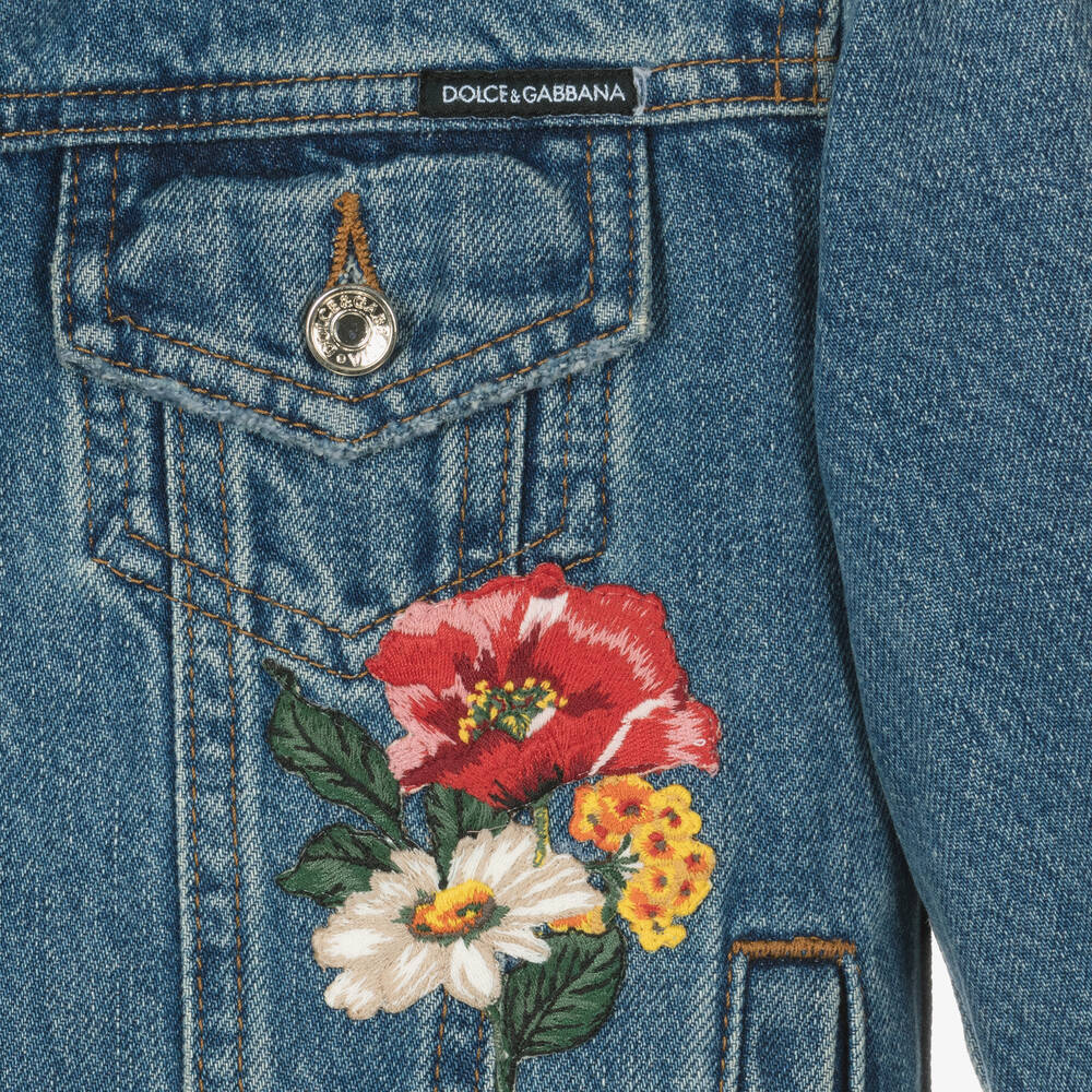 Dolce Gabbana Girls Blue Floral Denim Jacket Childrensalon
