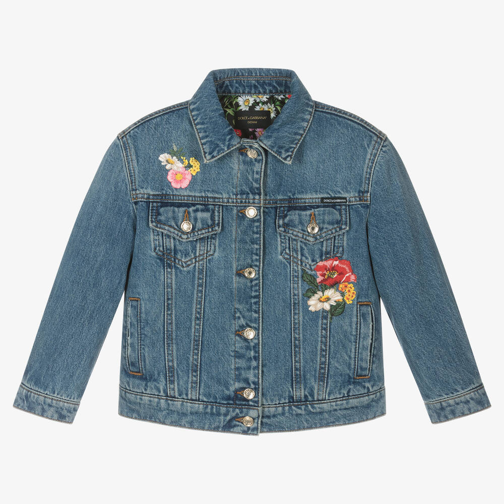 Dolce & Gabbana-جاكيت بطبعة ورود قطن دنيم لون أزرق للبنات | Childrensalon Outlet