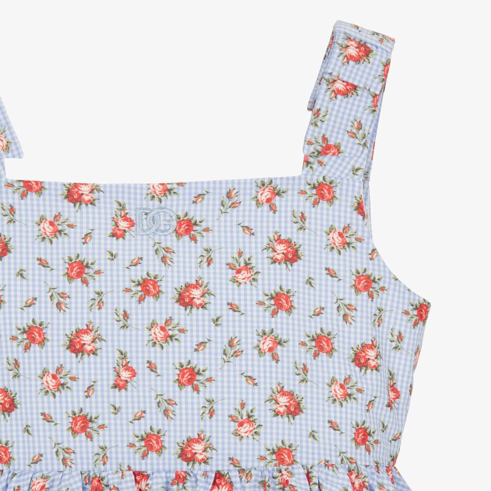 Dolce & Gabbana-Girls Blue Gingham & Red Rose Print Poplin Dress | Childrensalon Outlet