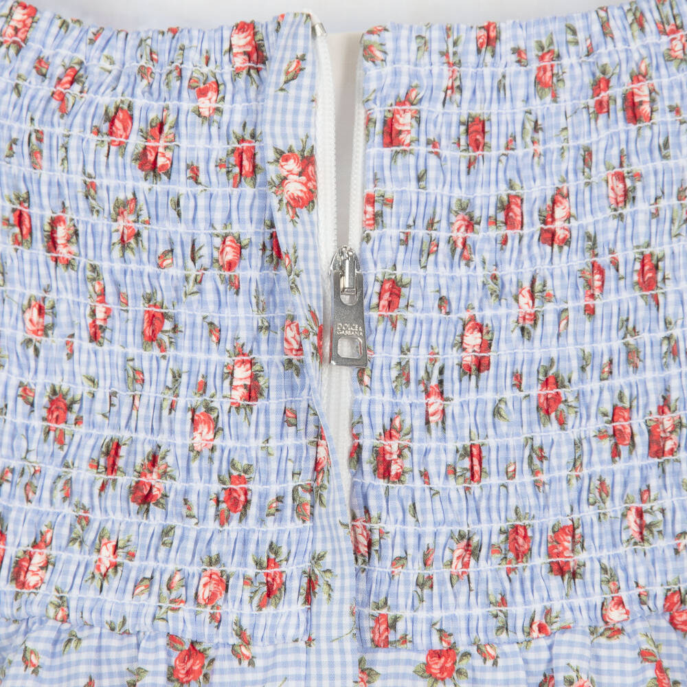 Dolce & Gabbana-Girls Blue Gingham & Red Rose Print Poplin Dress | Childrensalon Outlet