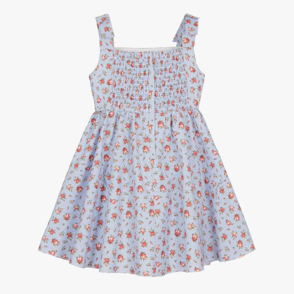 Dolce & Gabbana-Girls Blue Gingham & Red Rose Print Poplin Dress | Childrensalon Outlet