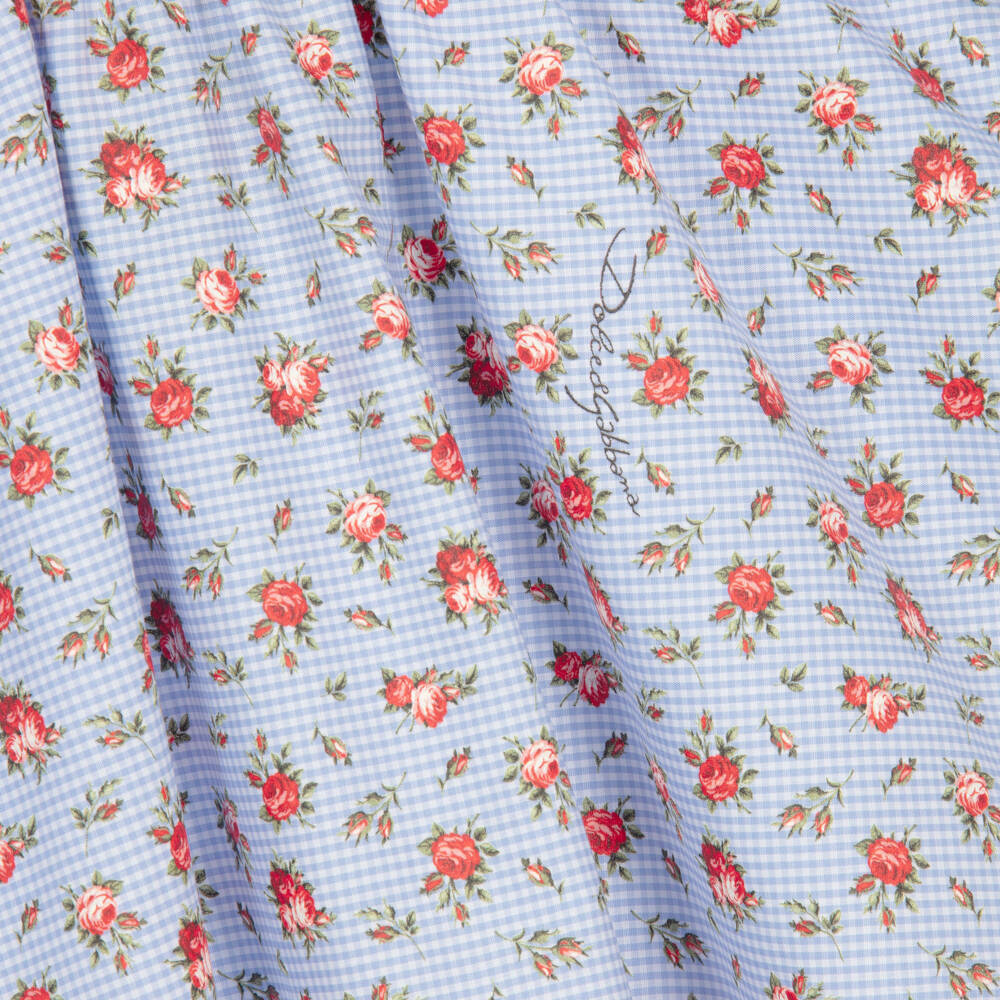 Dolce & Gabbana-Girls Blue Gingham & Red Rose Print Poplin Dress | Childrensalon Outlet
