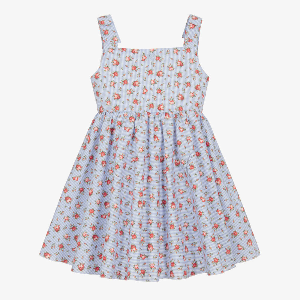 Dolce & Gabbana-Girls Blue Gingham & Red Rose Print Poplin Dress | Childrensalon Outlet