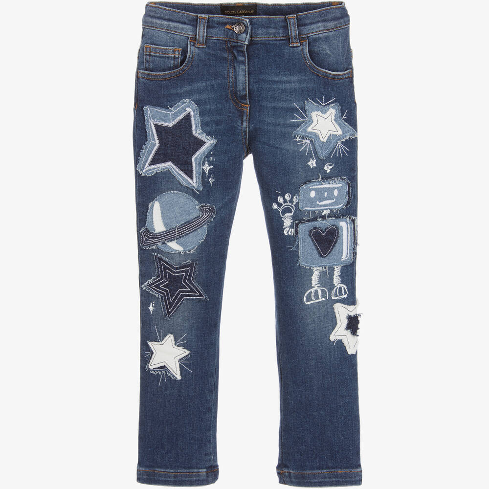 Dolce & Gabbana - Girls Blue Patchwork Mix Jeans | Childrensalon