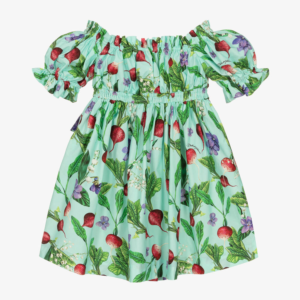Dolce & Gabbana-Голубое платье из поплина с принтом Farmer для девочек | Childrensalon Outlet