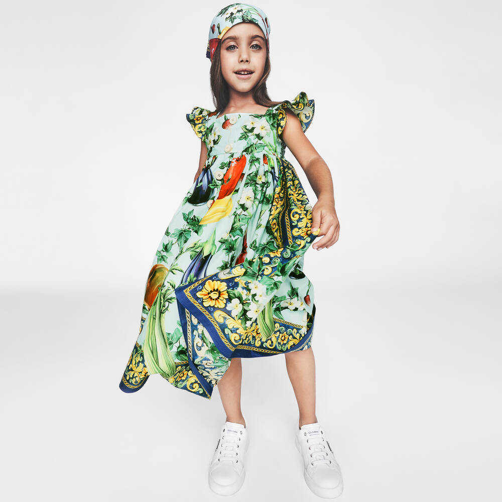 Dolce Gabbana Girls Blue Poplin Farmer Print Dress