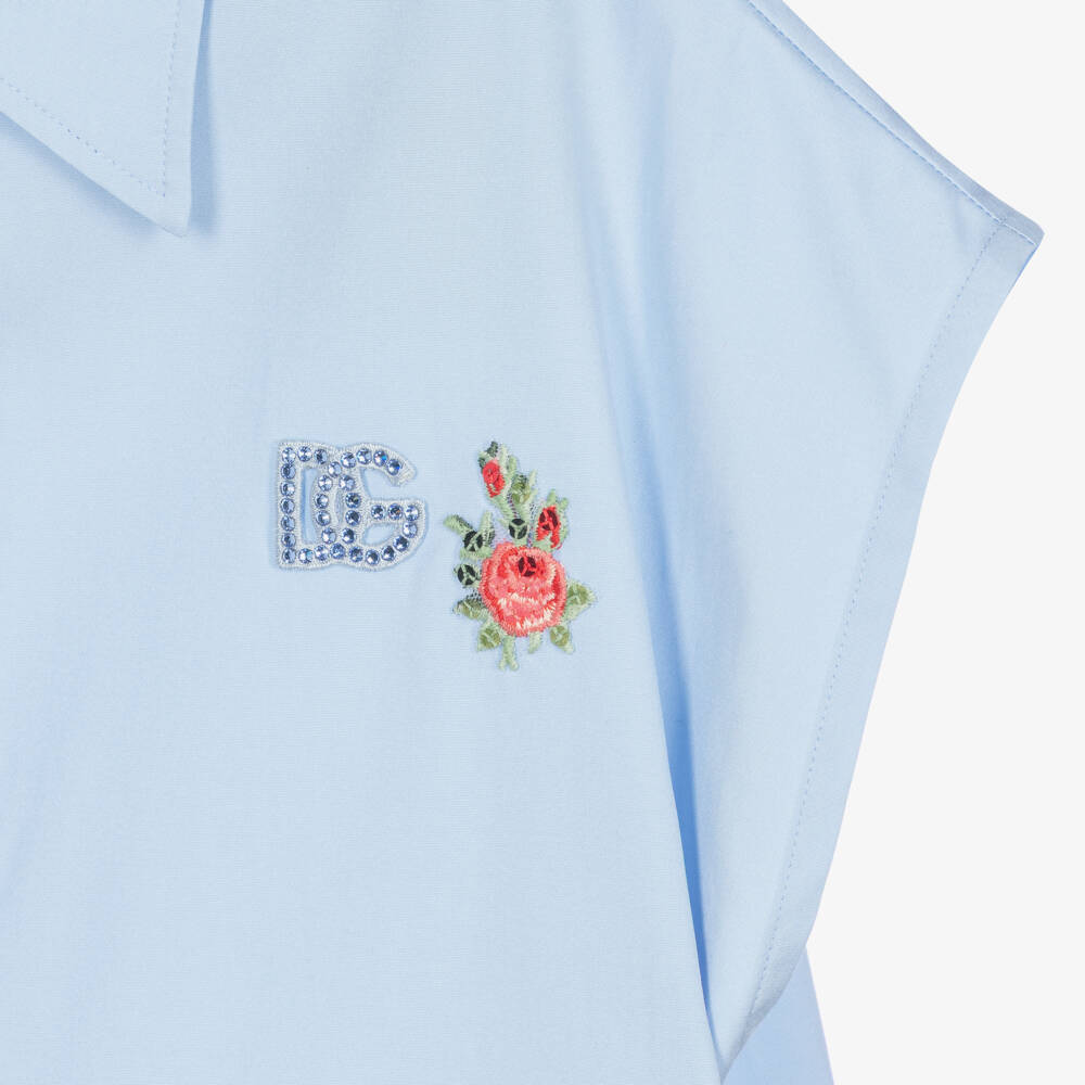 Dolce & Gabbana-Girls Blue Poplin Shirt with Diamanté DG Logo | Childrensalon Outlet