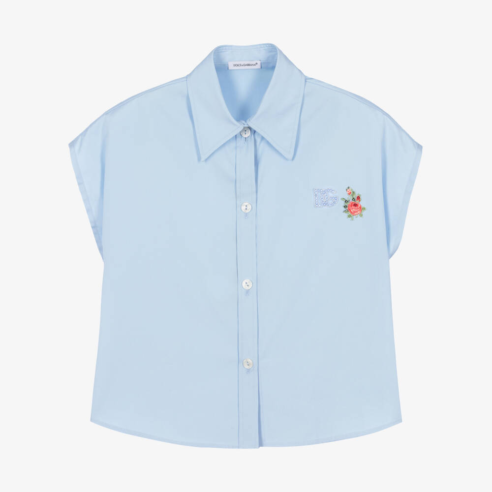 Dolce & Gabbana-Girls Blue Poplin Shirt with Diamanté DG Logo | Childrensalon Outlet