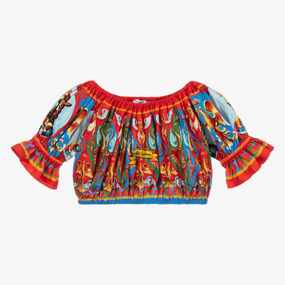 Dolce & Gabbana - توب قصير قطن مزخرف لون أزرق وأحمر للبنات | Childrensalon