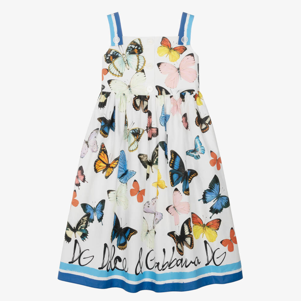 Dolce & Gabbana-فستان قطني للبنات بأشرطة زرقاء وزخارف فراشات | Childrensalon Outlet