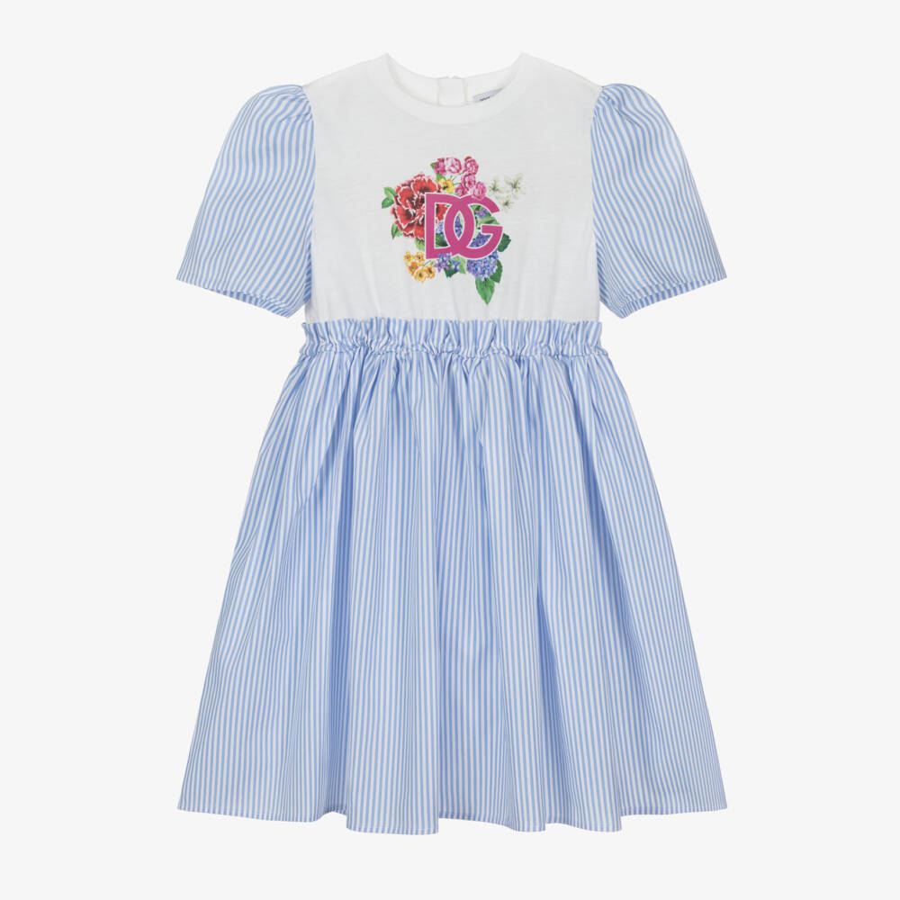 Dolce & Gabbana-فستان أزرق مخطط للبنات بشعار زهري | Childrensalon Outlet