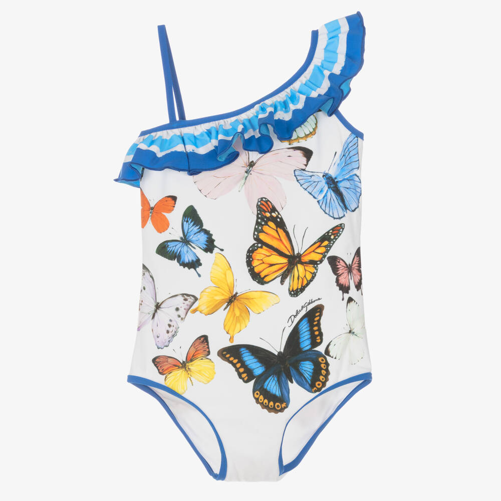 Dolce & Gabbana-Girls Blue & White Butterfly Swimsuit | Childrensalon Outlet