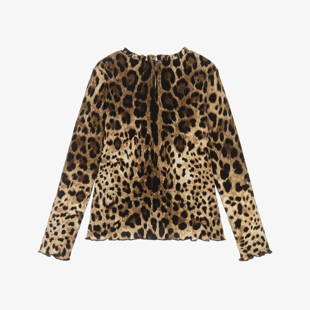 Dolce & Gabbana-Girls Brown DG Leopard Print Ribbed Top | Childrensalon Outlet