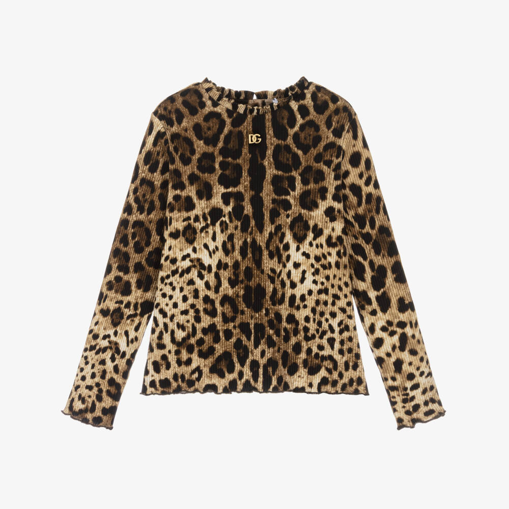 Dolce & Gabbana-Girls Brown DG Leopard Print Ribbed Top | Childrensalon Outlet