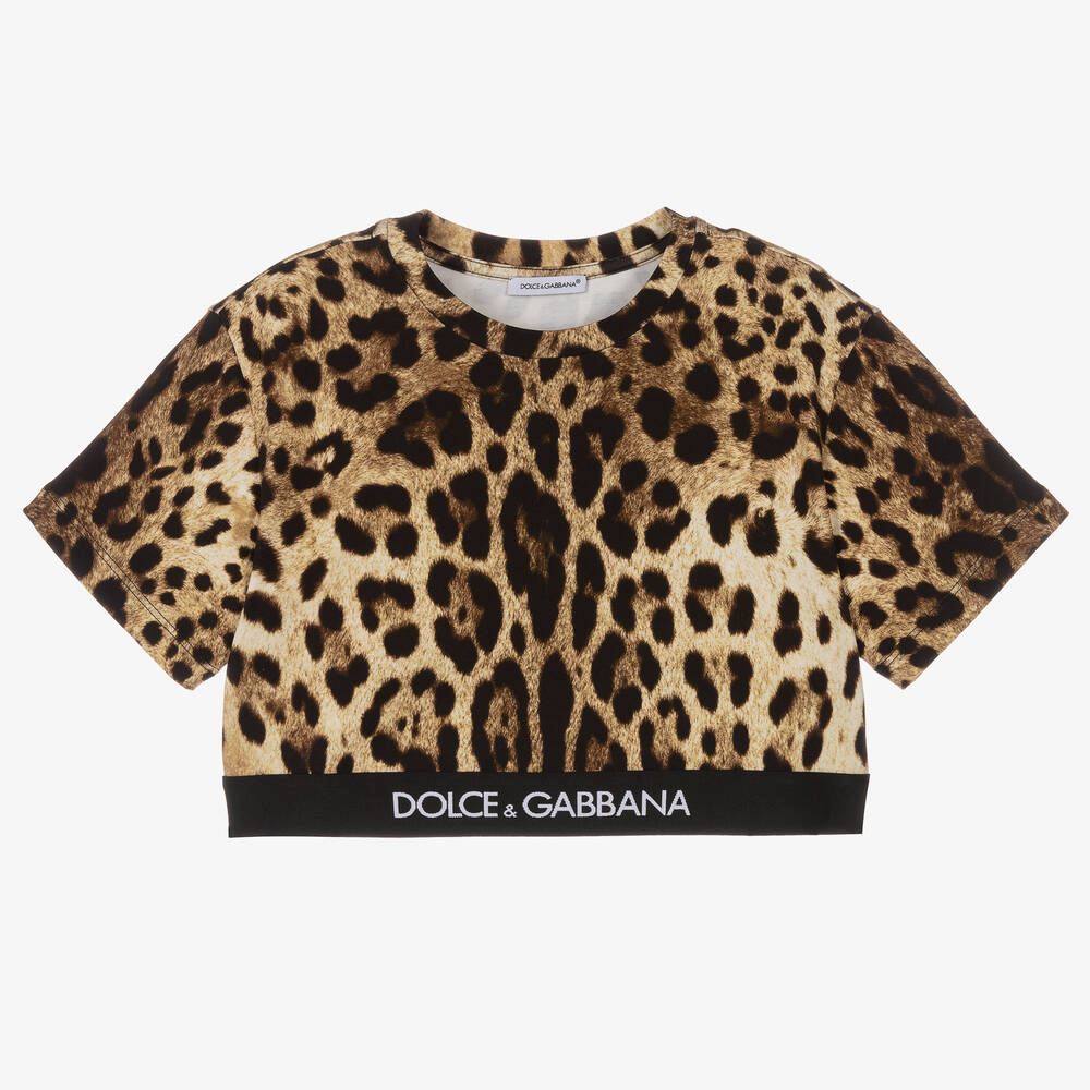 Dolce & Gabbana - Girls Brown Leopard Print Crop Top | Childrensalon