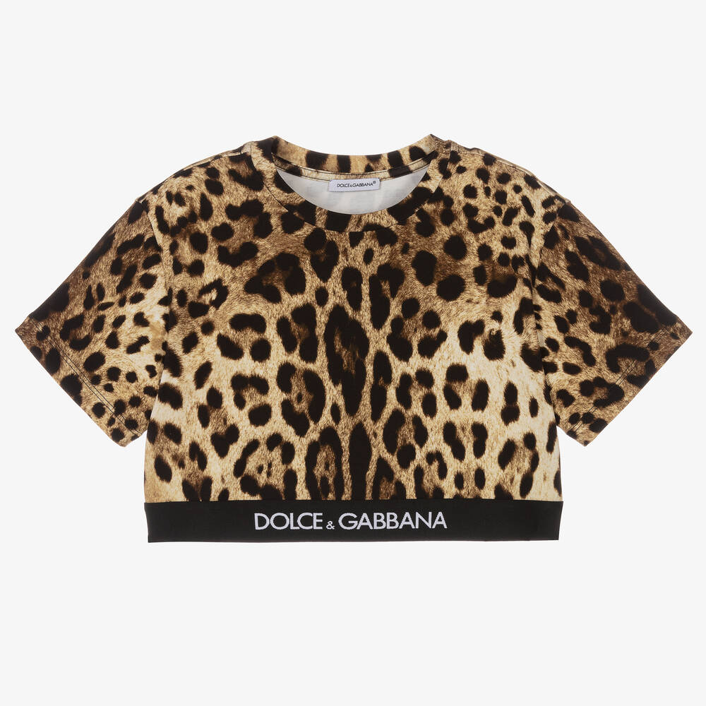Dolce & Gabbana-Girls Brown Leopard Print Crop Top | Childrensalon Outlet