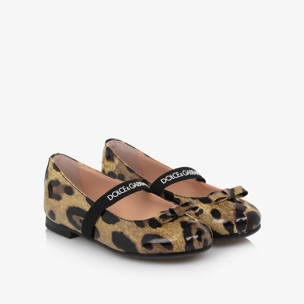 Dolce & Gabbana-Girls Brown Leopard Print Patent Leather Ballerine Flats | Childrensalon Outlet