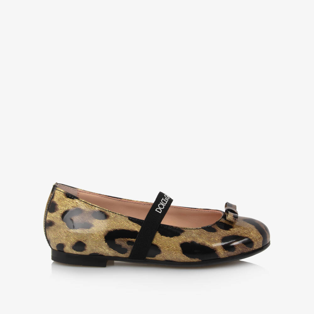 Dolce & Gabbana-Girls Brown Leopard Print Patent Leather Ballerine Flats | Childrensalon Outlet