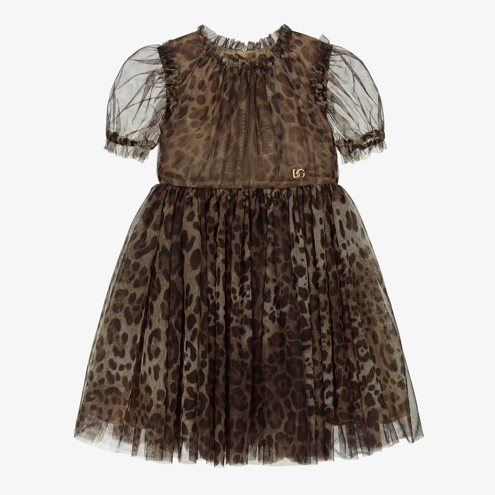 Dolce & Gabbana-Girls Brown Leopard Print Tulle Dress | Childrensalon Outlet