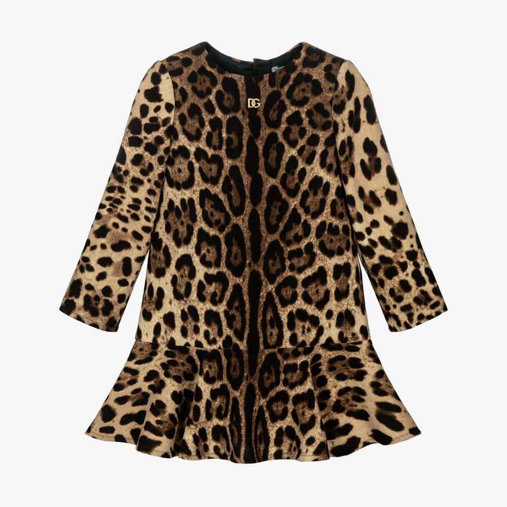 Dolce & Gabbana-Girls Brown Leopard Print Wool Peplum Dress | Childrensalon Outlet
