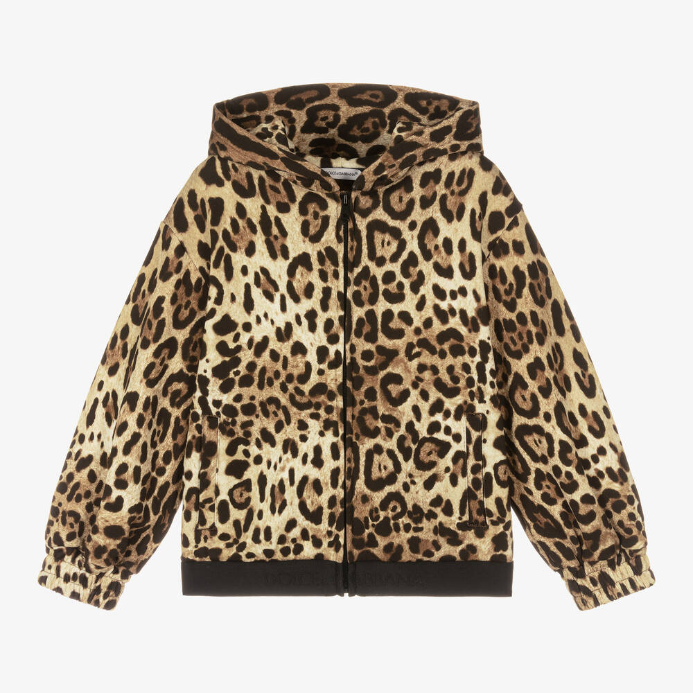 Dolce & Gabbana - Girls Brown Leopard Print Zip-Up Hoodie | Childrensalon